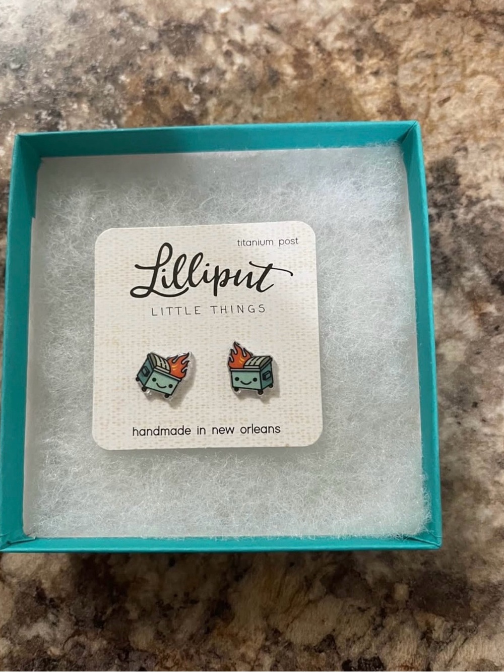Dumpster fire, titanium, stud earrings by Lilliput Little Things